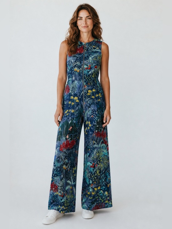 Label Ritukumar Pants - Label by Ritu Kumar Blue Floral Zip Up Flared Jumpsuit size M